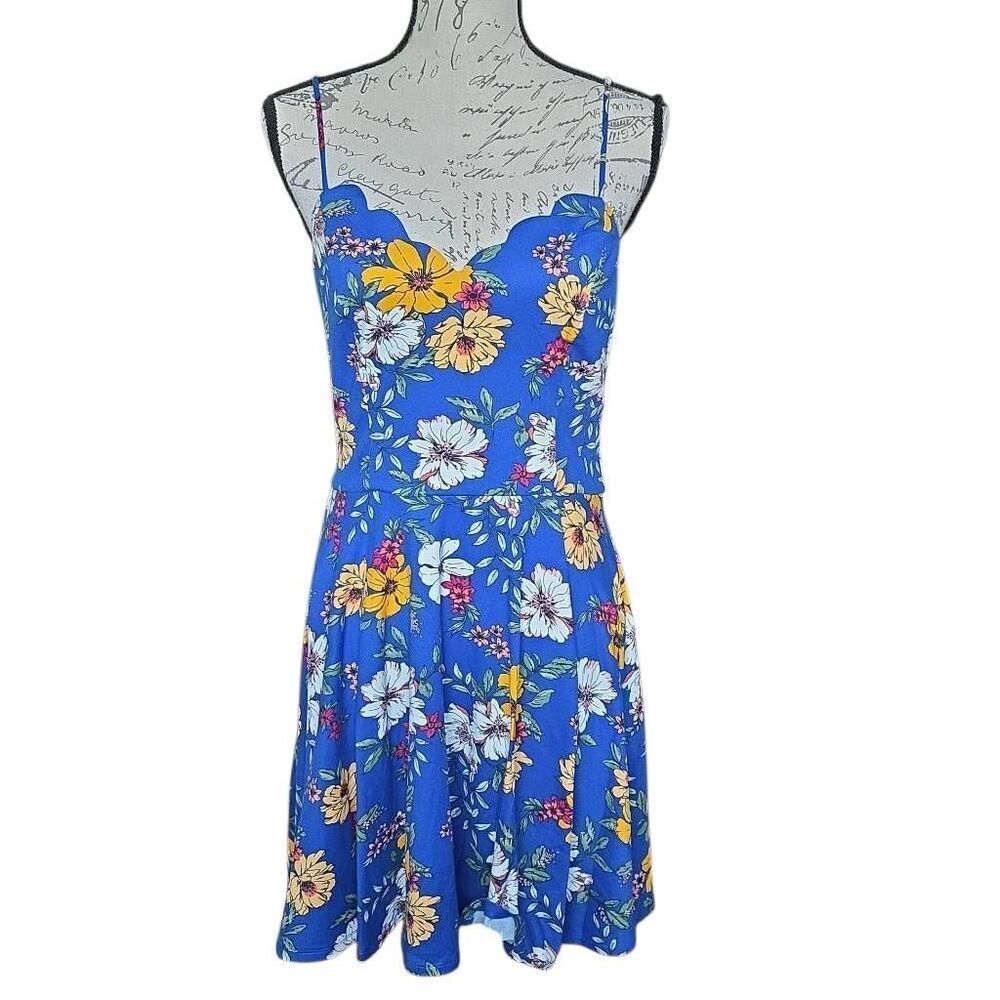 Fortune + Ivy Women's Size Lrge Blue Yellow Floral Print Scalloped Edge Sundress
